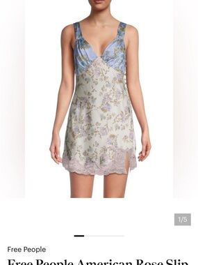 Free People Blue and Cream Floral Lace-Trim Slip Dress